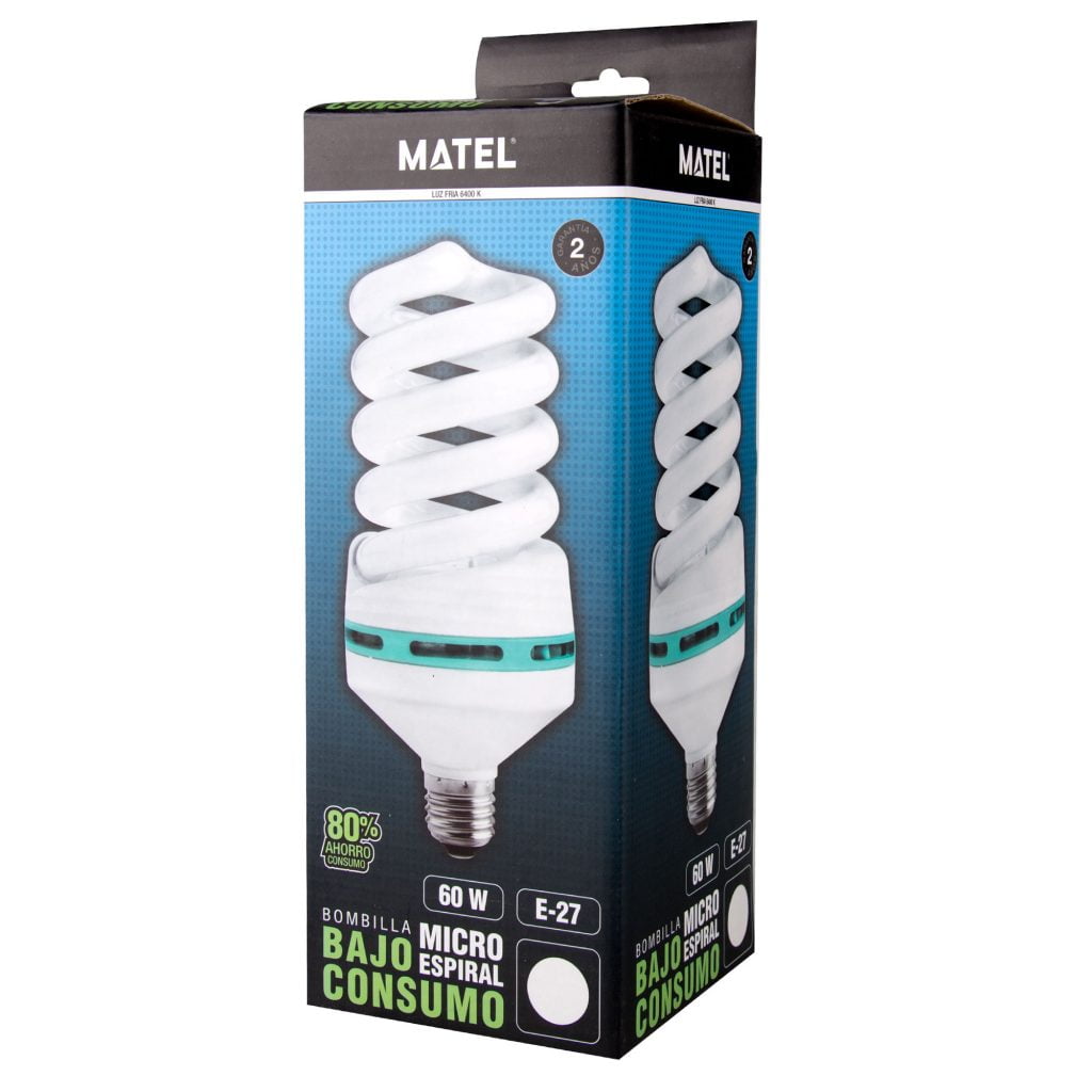 BOMBILLA BAJO CONSUMO MATEL ESPIRAL MICRO E27 60W FRÍA en caja