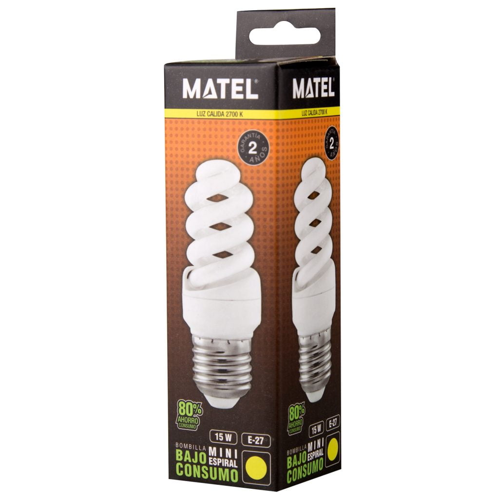 BOMBILLA BAJO CONSUMO MATEL ESPIRAL MINI E27 15W CÁLIDA en caja