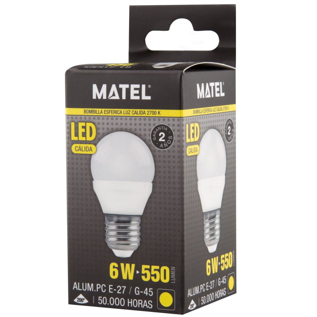 BOMBILLA LED MATEL ESFÉRICA E27 6W CÁLIDA en caja