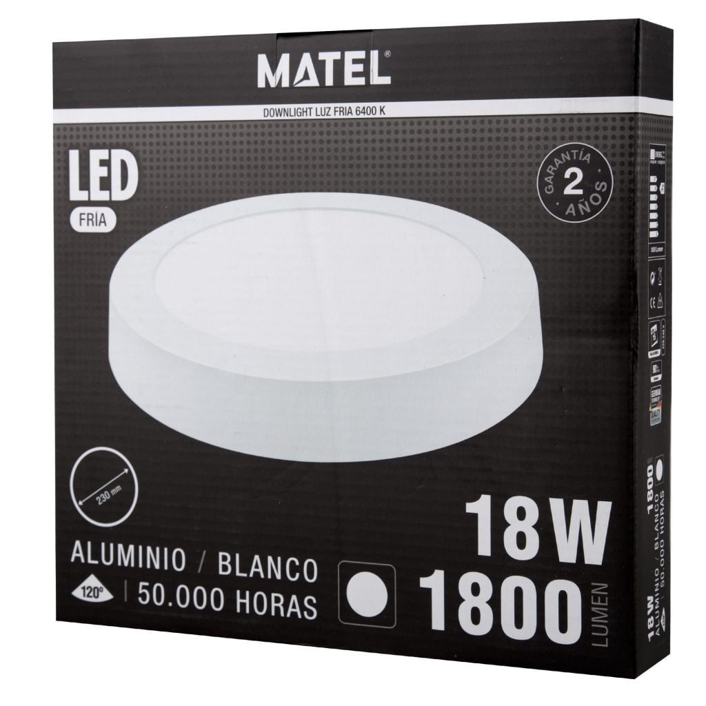 DOWNLIGHT LED MATEL SUPERFICIE REDONDO BLANCO 18W FRÍA en caja