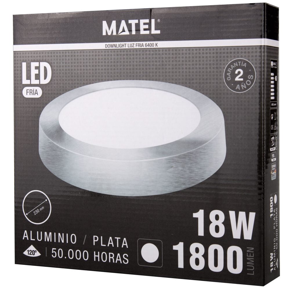 DOWNLIGHT LED MATEL SUPERFICIE REDONDO PLATA 18W FRÍA en caja