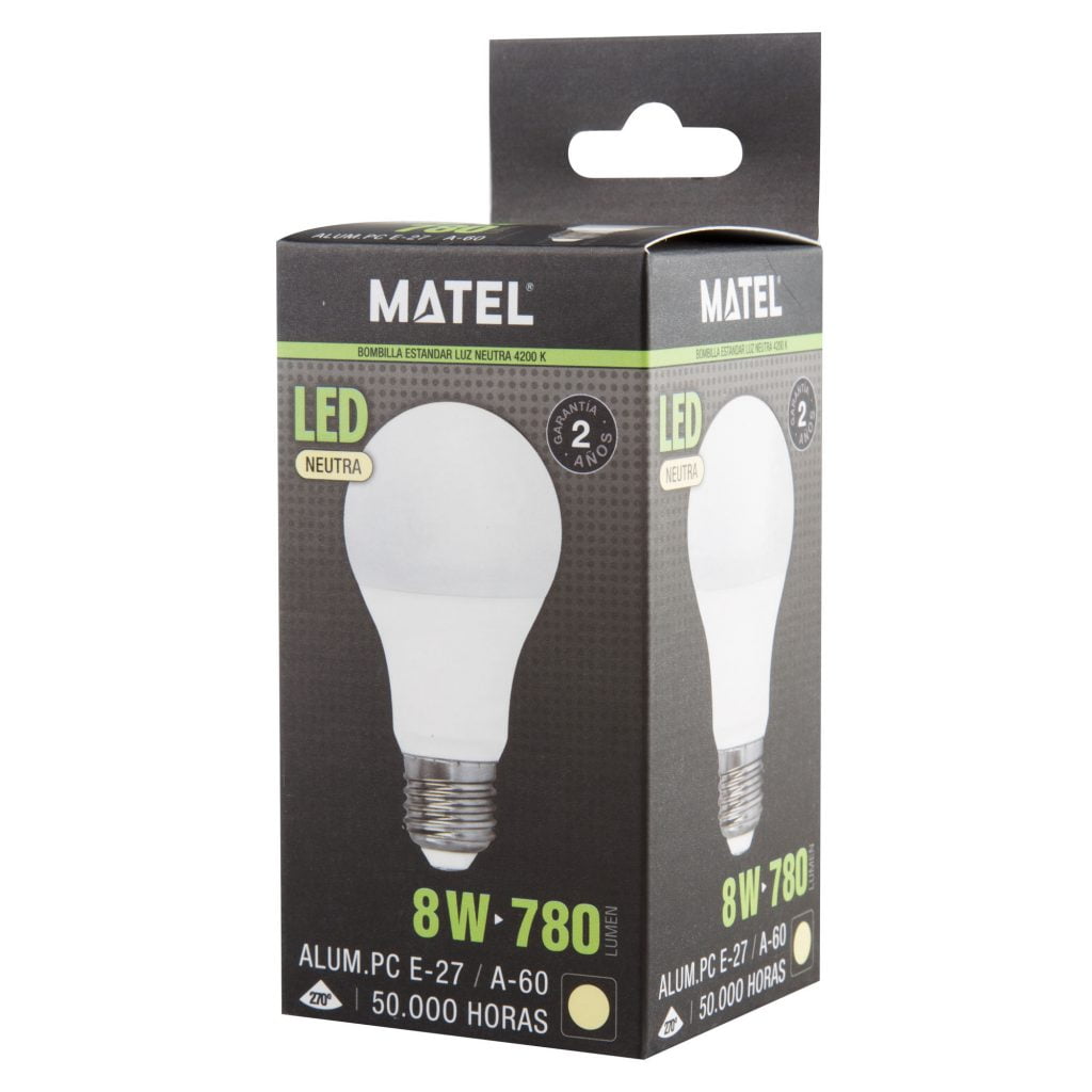 BOMBILLA LED MATEL ESTÁNDAR E27 8W NEUTRA en caja