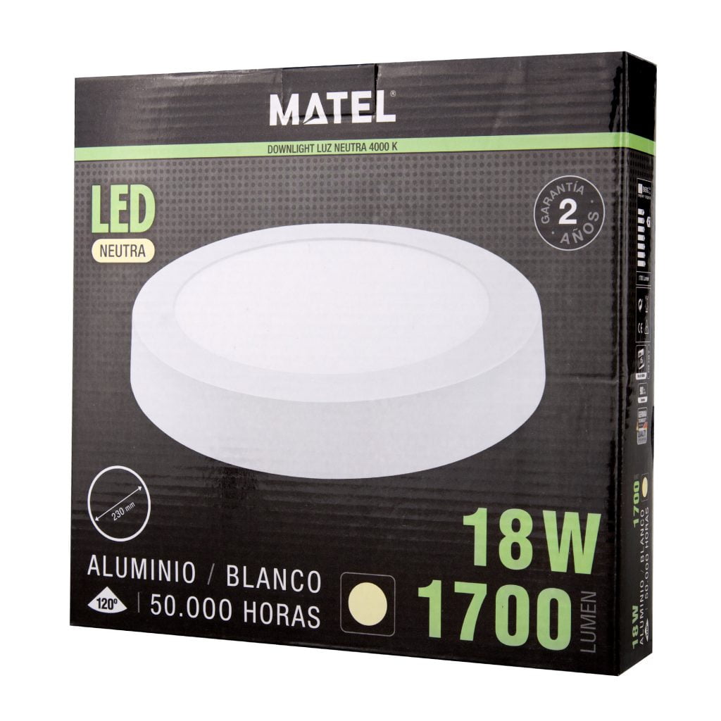 DOWNLIGHT LED MATEL SUPERFICIE REDONDO BLANCO 18W NEUTRA en caja