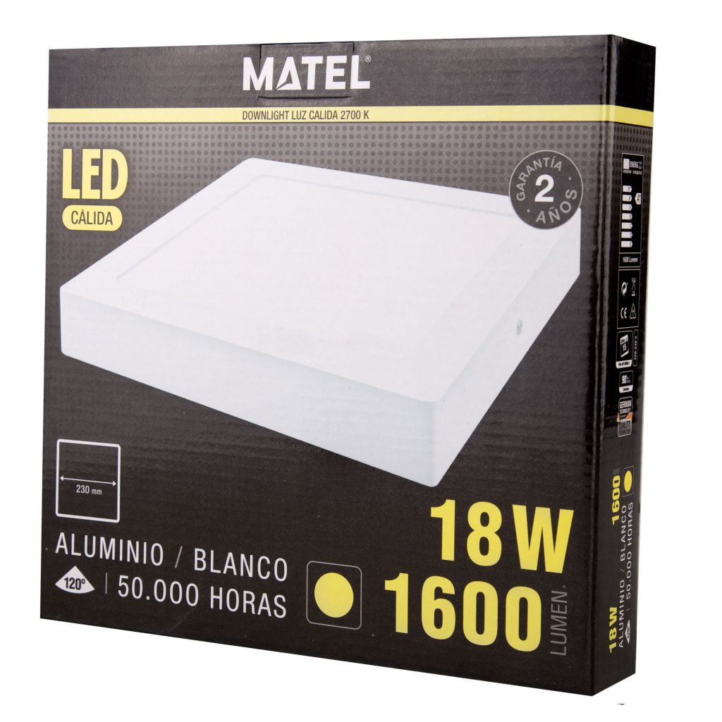 DOWNLIGHT LED MATEL SUPERFICIE CUADRADO BLANCO 18W CÁLIDA en caja