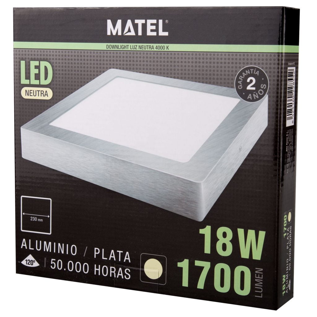DOWNLIGHT LED MATEL SUPERFICIE CUADRADO PLATA 18W NEUTRA en caja