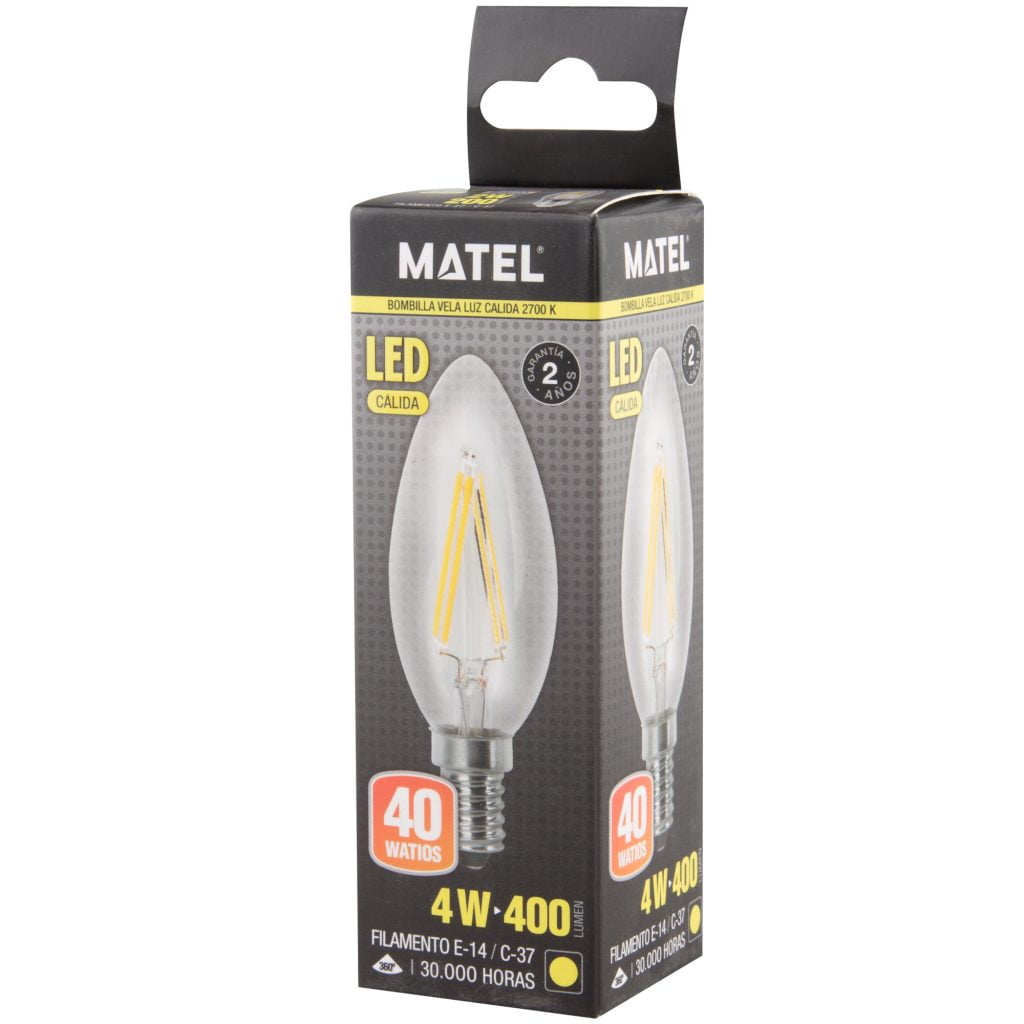 BOMBILLA LED MATEL FILAMENTO E14 VELA 4W CÁLIDA CLARA en caja