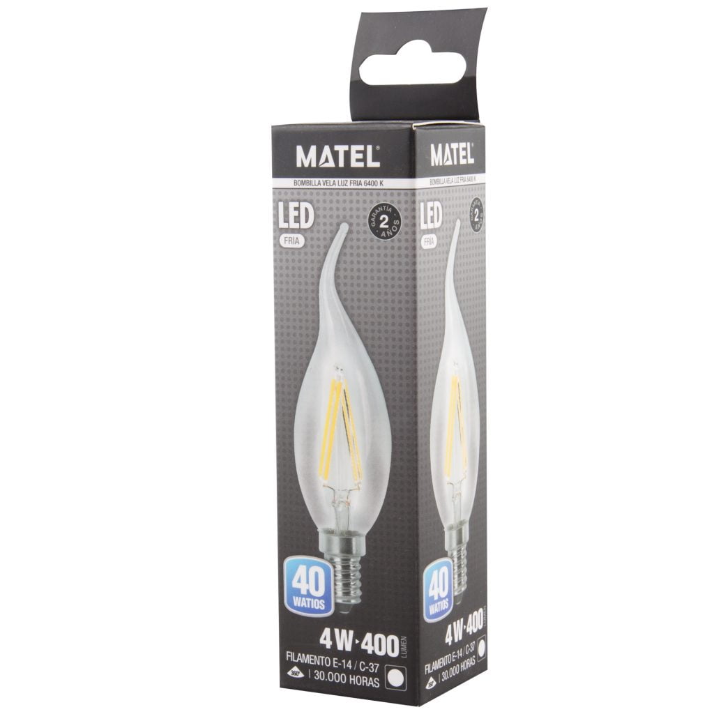 BOMBILLA LED MATEL FILAMENTO E14 FLAMA 4W FRÍA CLARA en caja