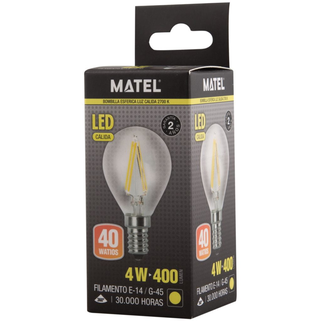 BOMBILLA LED MATEL FILAMENTO E14 G45 4W CÁLIDA CLARA en caja