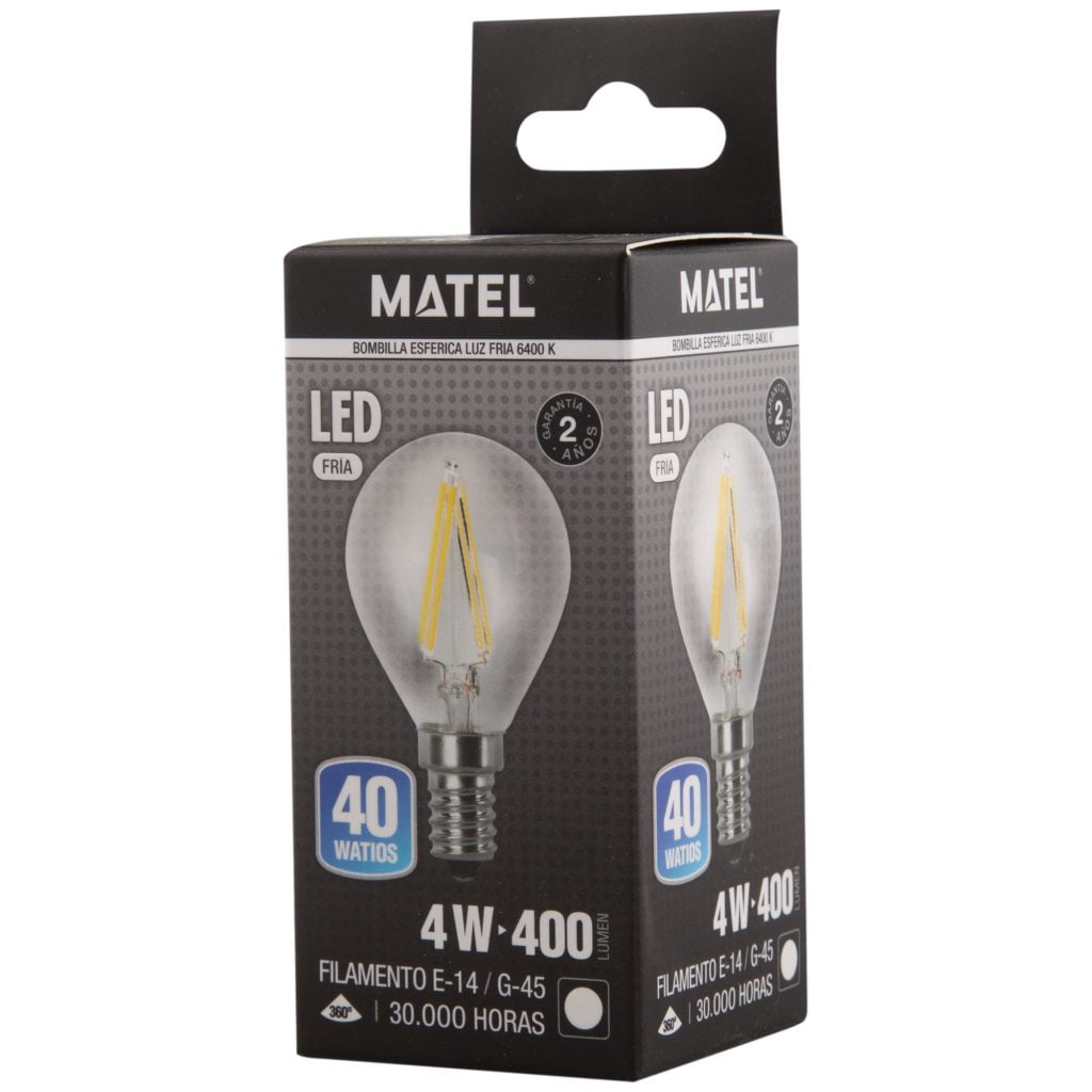 BOMBILLA LED MATEL FILAMENTO E14 G45 4W FRÍA CLARA en caja