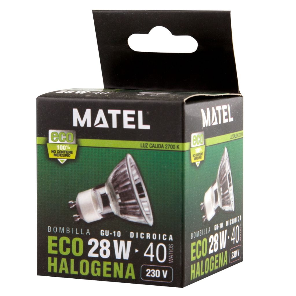 BOMBILLA ECO HALÓGENA MATEL DICROICA GU10 28W en caja