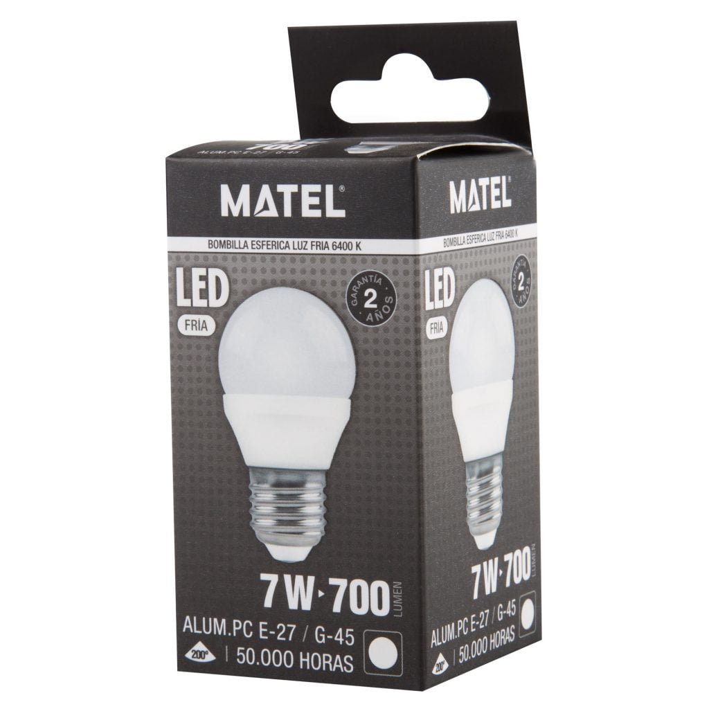 BOMBILLA LED MATEL ESFÉRICA E27 7W FRÍA en caja