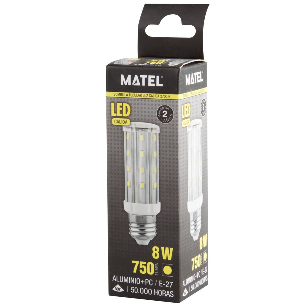 BOMBILLA LED MATEL TUBULAR E27 8W CÁLIDA en caja