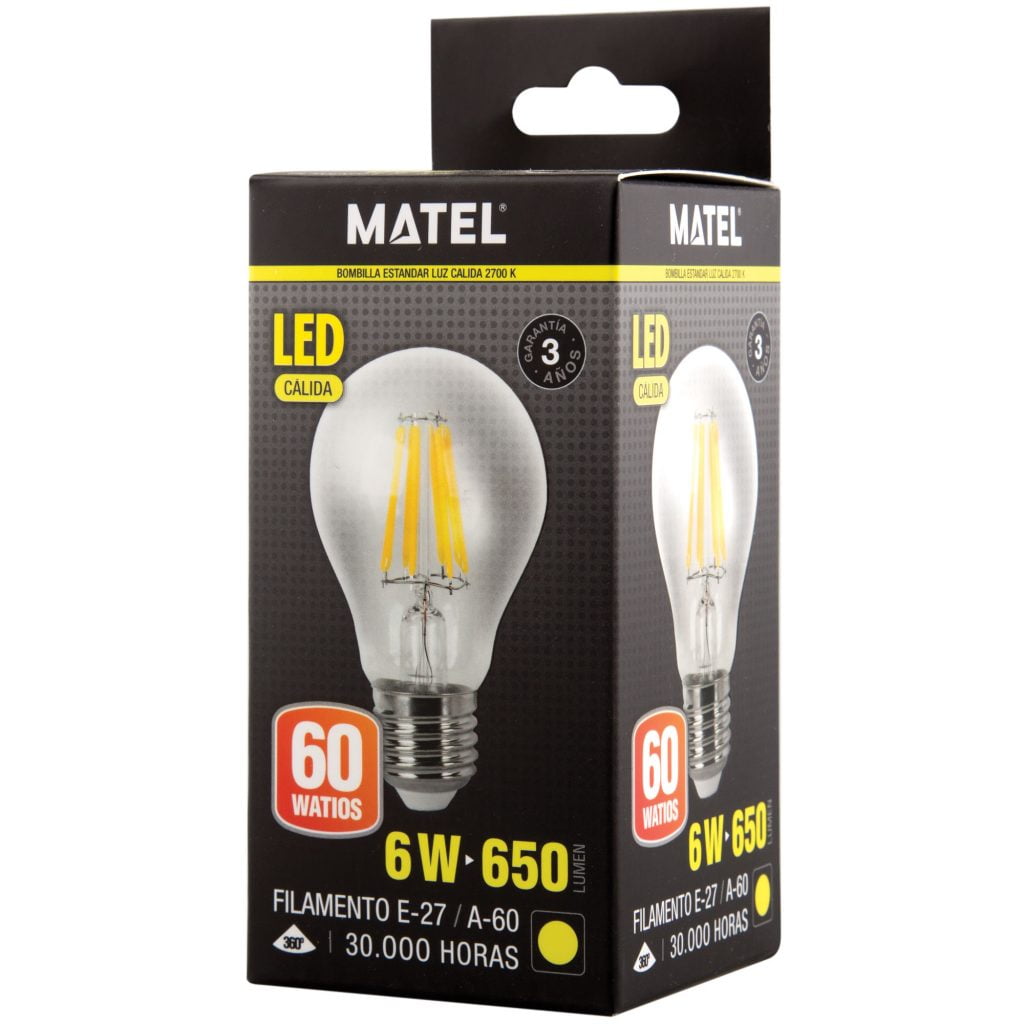 BOMBILLA LED MATEL FILAMENTO E27 A60 6W CÁLIDA CLARA en caja