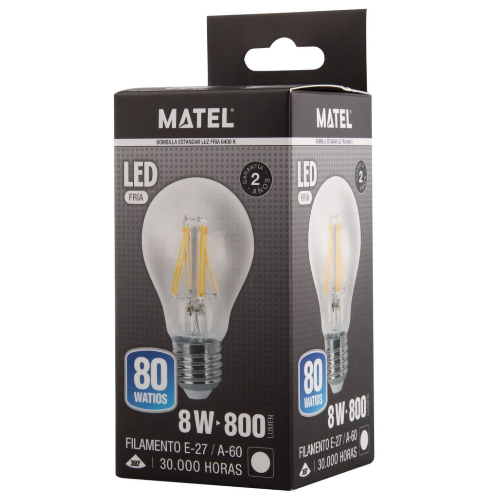 BOMBILLA LED MATEL FILAMENTO E27 A60 8W FRÍA CLARA en caja