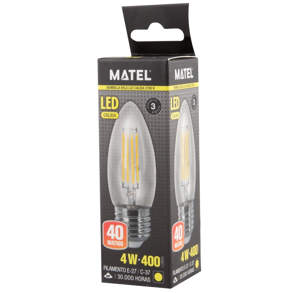 BOMBILLA LED MATEL FILAMENTO E27 VELA 4W CÁLIDA CLARA en caja