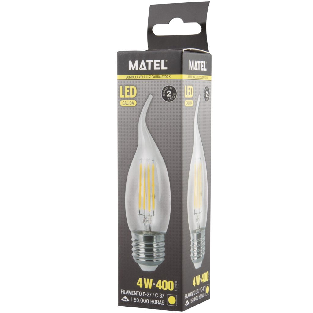 BOMBILLA LED MATEL FILAMENTO E27 FLAMA 4W CÁLIDA CLARA en caja