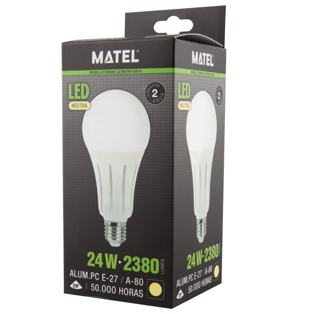 BOMBILLA LED MATEL ESTÁNDAR E27 ALUMINIO 24W NEUTRA en caja