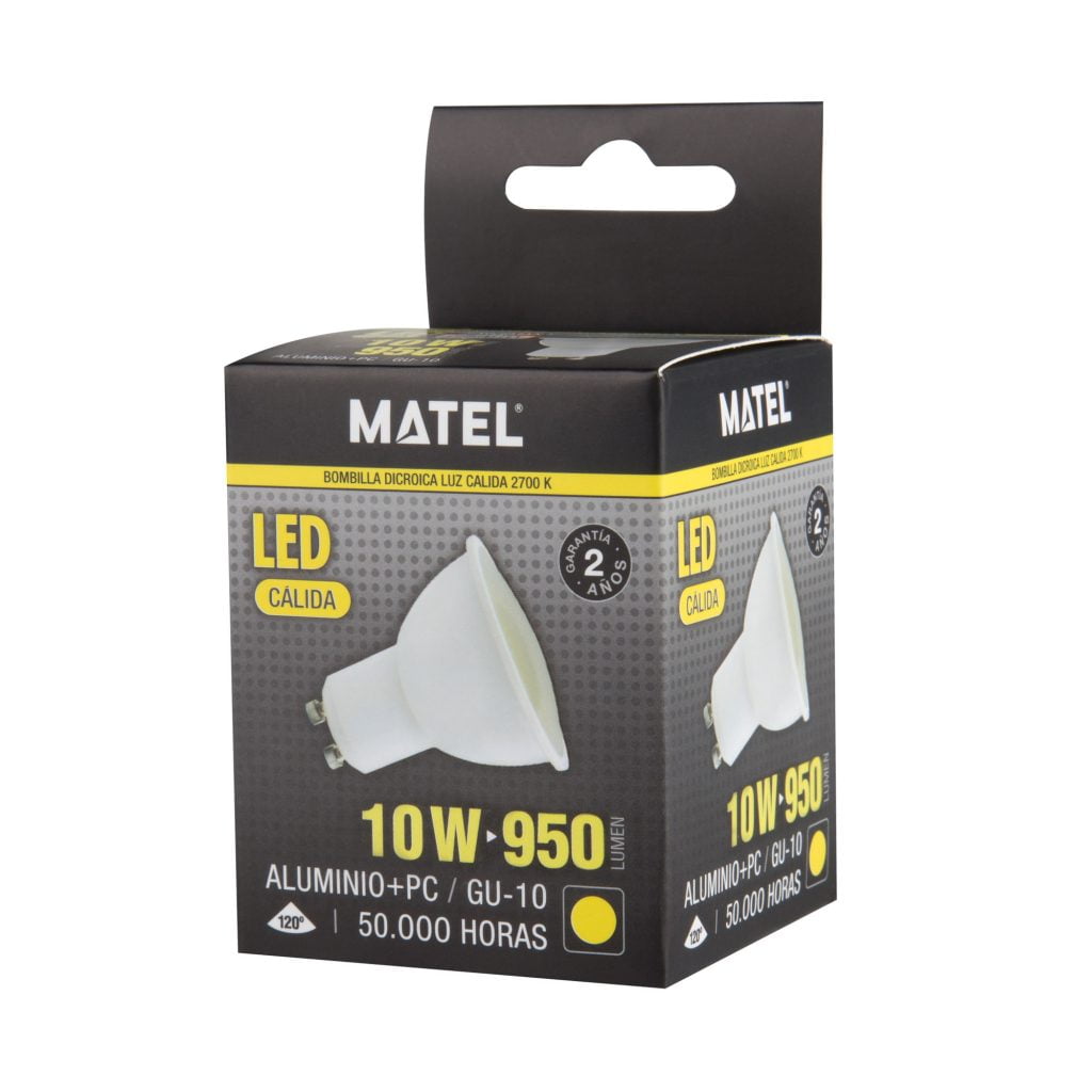 BOMBILLA LED MATEL GU10 10W ALUMINIO CÁLIDA en caja