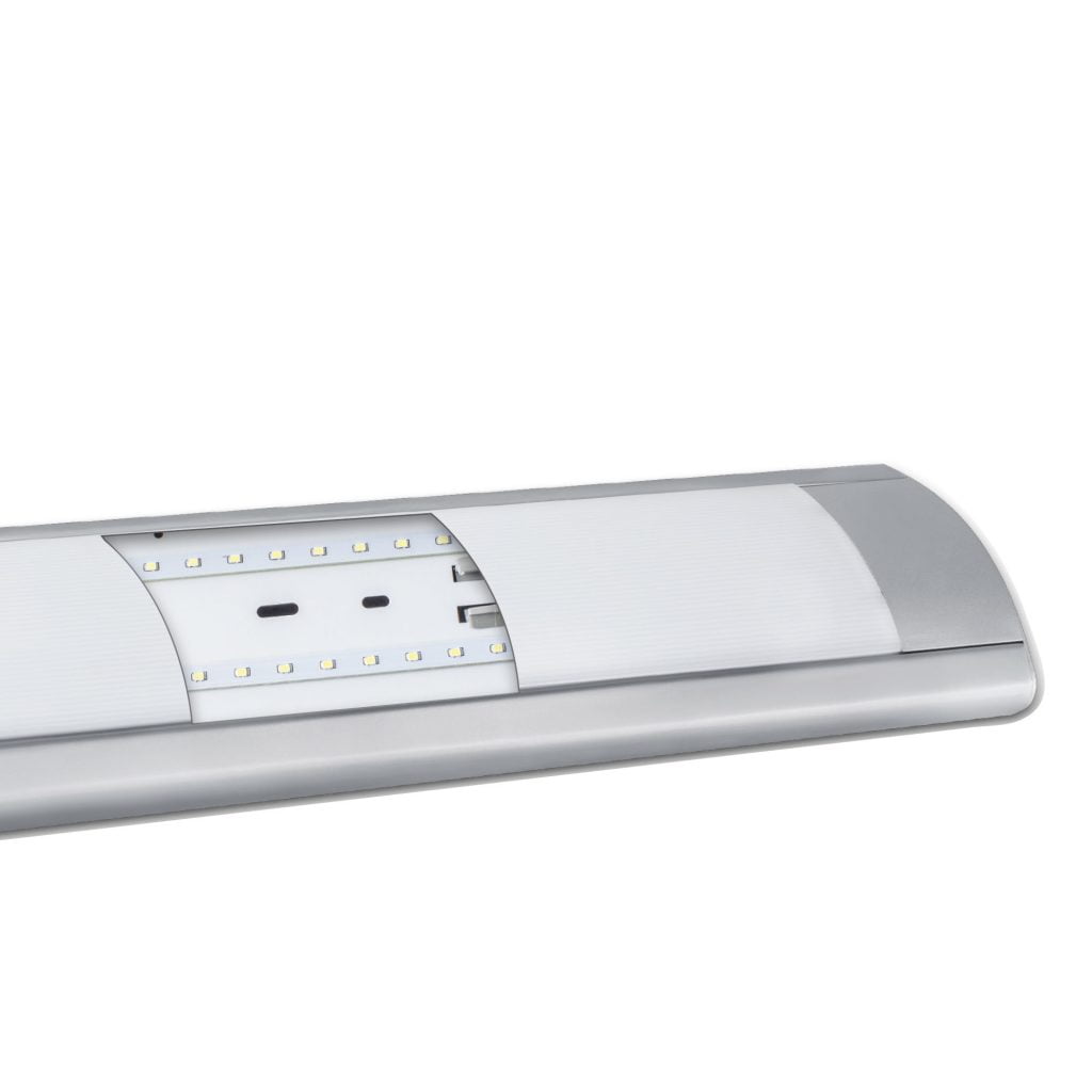 alt="Detalle de conectores y estructura interna de la pantalla LED MATEL 36W 120cm en acabado plata"