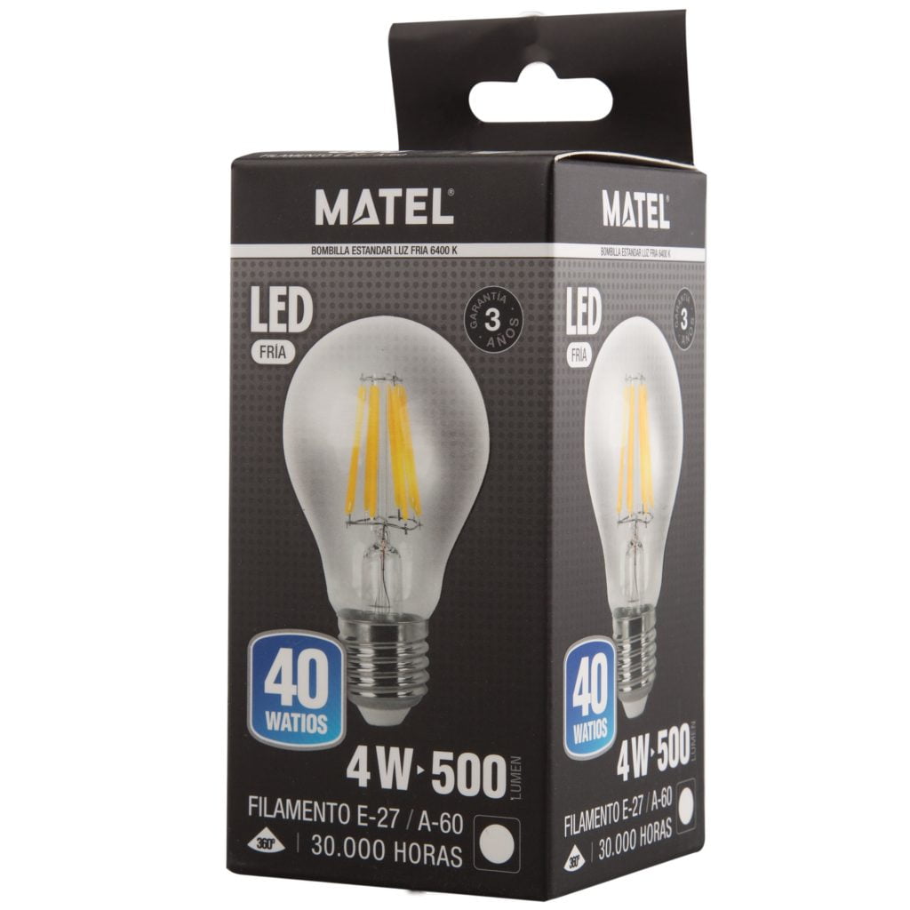 BOMBILLA LED MATEL FILAMENTO E27 A60 4W FRÍA CLARA en caja