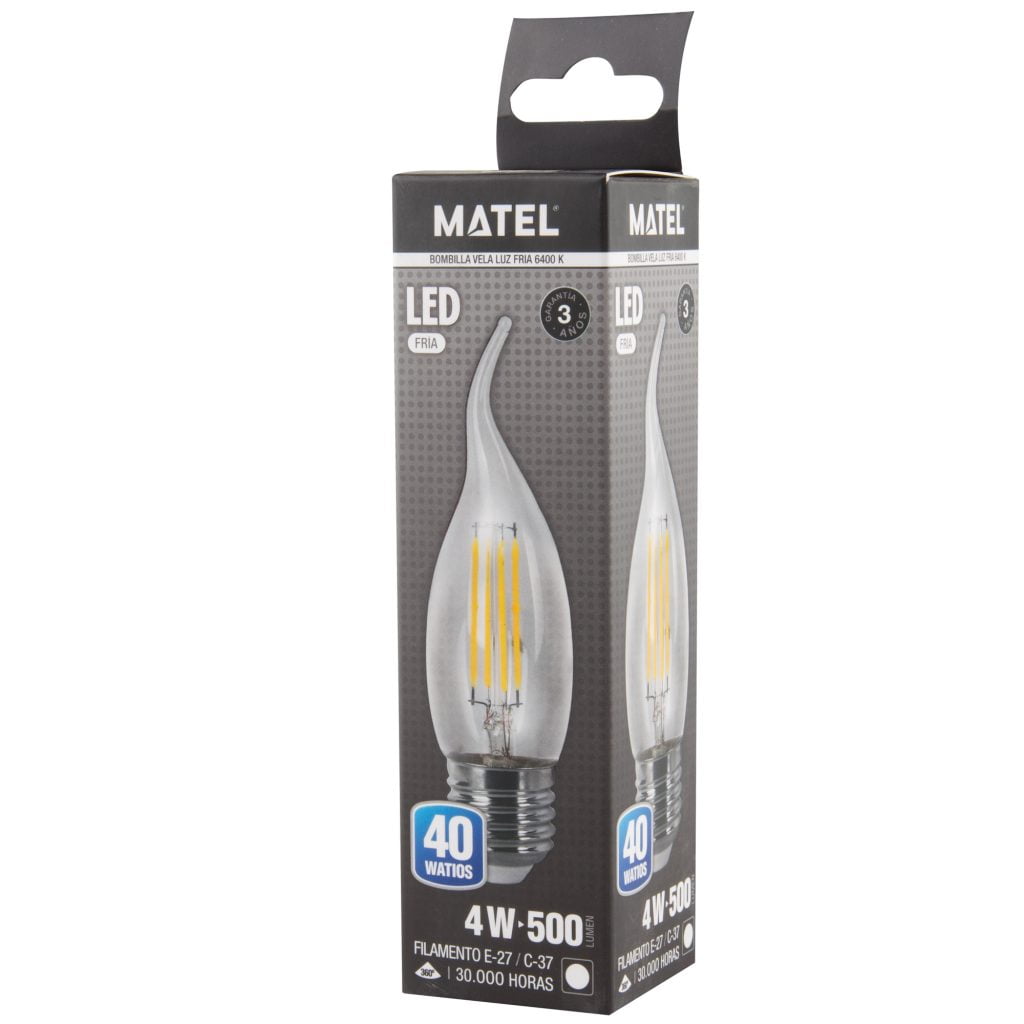 BOMBILLA LED MATEL FILAMENTO E27 FLAMA 4W FRÍA CLARA en caja