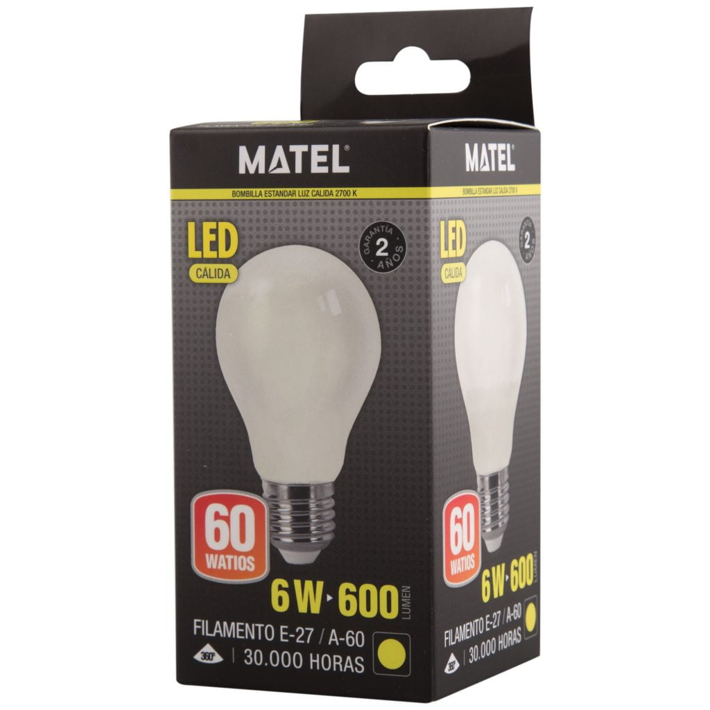 BOMBILLA LED MATEL FILAMENTO E27 A60 6W CÁLIDA OPAL en caja