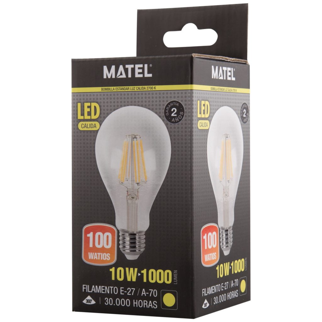 BOMBILLA LED MATEL FILAMENTO E27 A70 10W CÁLIDA CLARA en caja