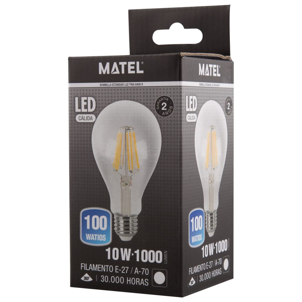 BOMBILLA LED MATEL FILAMENTO E27 A60 10W FRÍA CLARA en caja