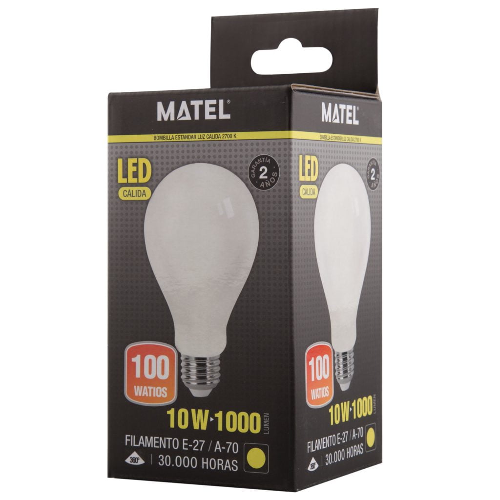 BOMBILLA LED MATEL FILAMENTO E27 A70 10W CÁLIDA OPAL en caja