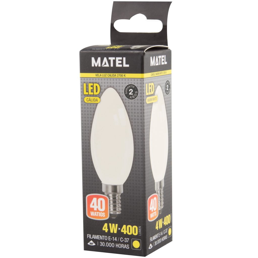 BOMBILLA LED MATEL FILAMENTO E14 VELA 4W CÁLIDA OPAL - Imagen 2