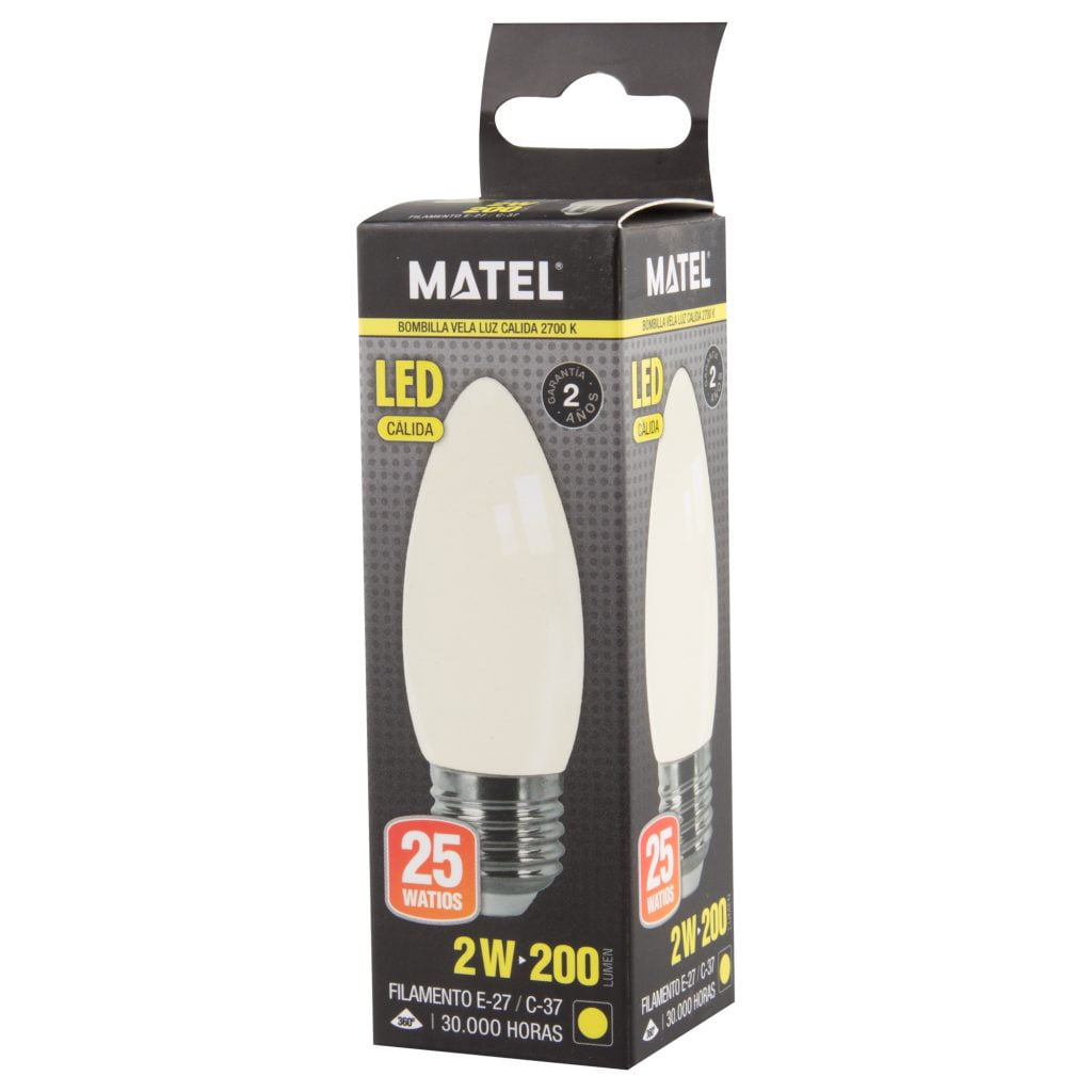 BOMBILLA LED MATEL FILAMENTO E27 VELA 2W CÁLIDA OPAL en caja
