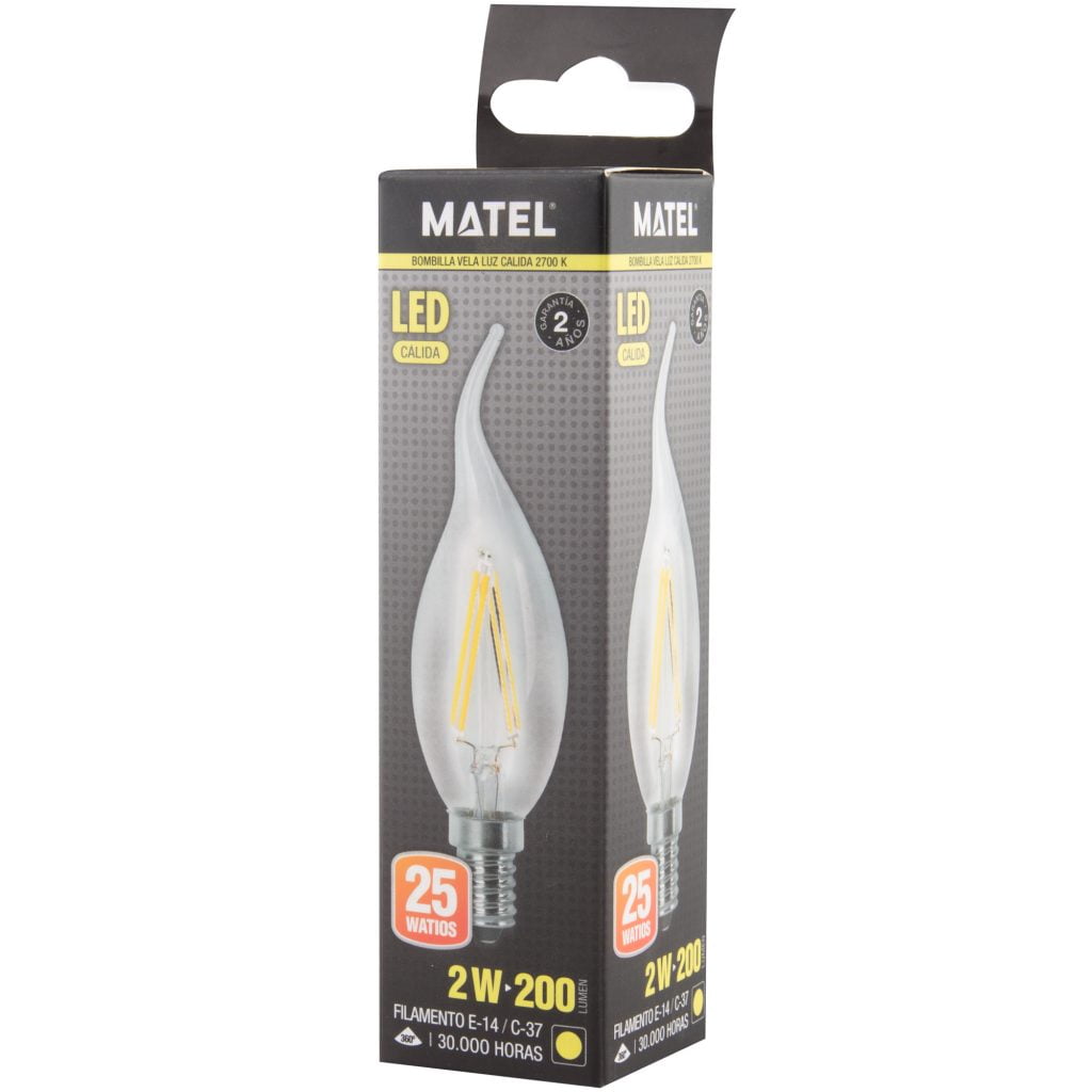 BOMBILLA LED MATEL FILAMENTO E14 FLAMA 2W CÁLIDA CLARA en caja
