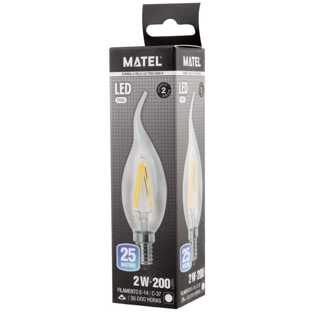 BOMBILLA LED MATEL FILAMENTO E14 FLAMA 2W FRÍA CLARA en caja