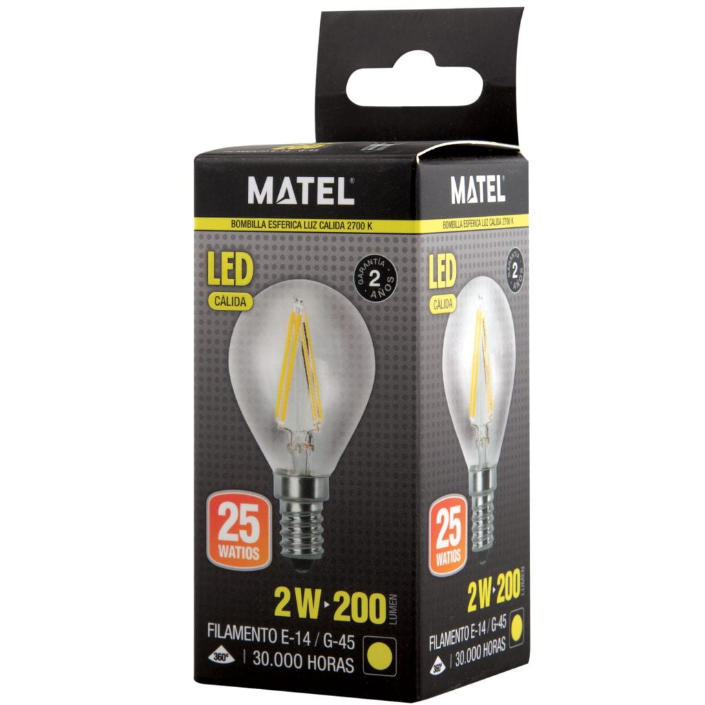 BOMBILLA LED MATEL FILAMENTO E14 G45 2W CÁLIDA CLARA en caja