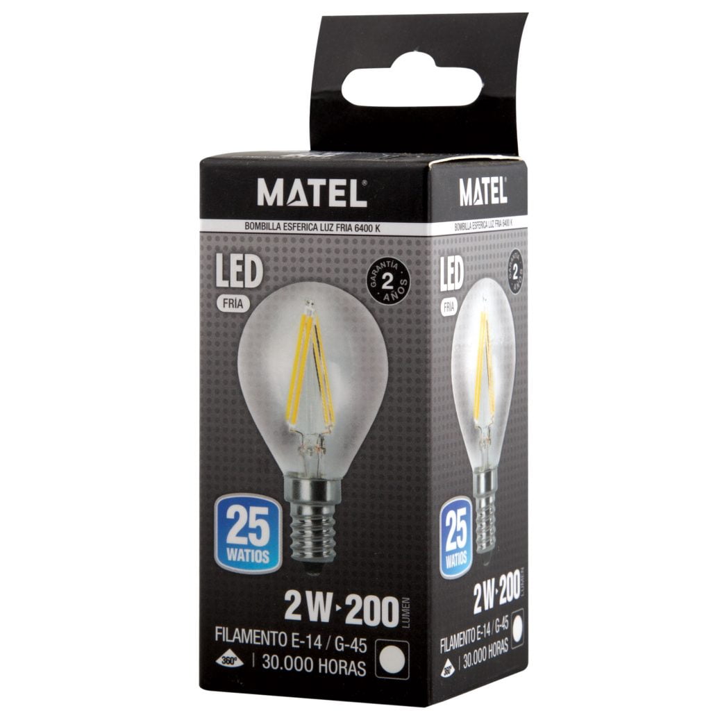 BOMBILLA LED MATEL FILAMENTO E14 G45 2W FRÍA CLARA en caja