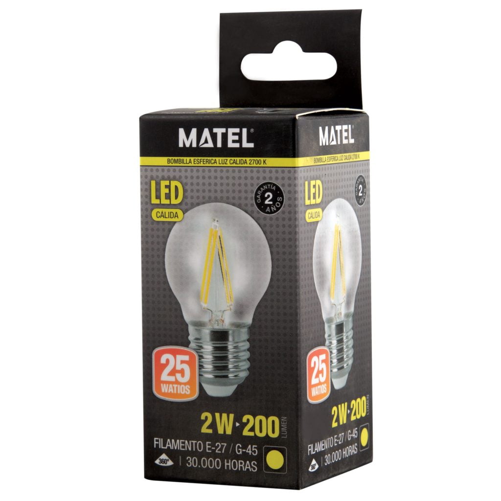 BOMBILLA LED MATEL FILAMENTO E27 G45 2W CÁLIDA CLARA en caja