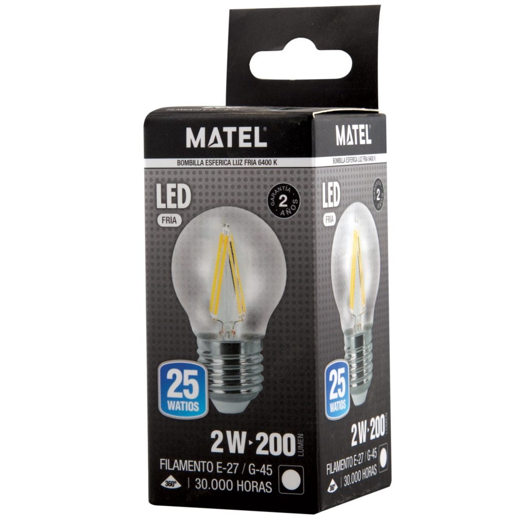 BOMBILLA LED MATEL FILAMENTO E27 G45 2W FRÍA CLARA en caja
