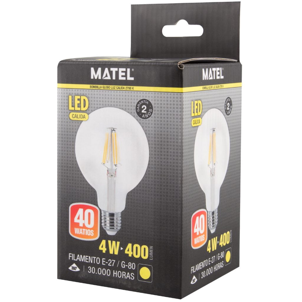 BOMBILLA LED MATEL FILAMENTO E27 G80 4W CÁLIDA CLARA