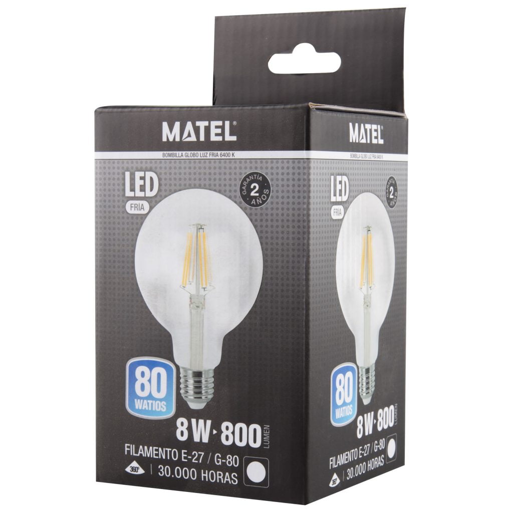 BOMBILLA LED MATEL FILAMENTO E27 G80 8W FRÍA CLARA - Imagen 2