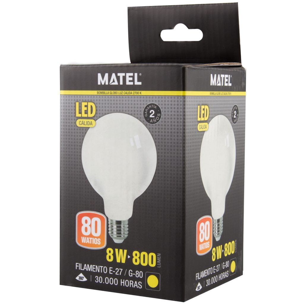 BOMBILLA LED MATEL FILAMENTO E27 G80 8W CÁLIDA OPAL - Imagen 2