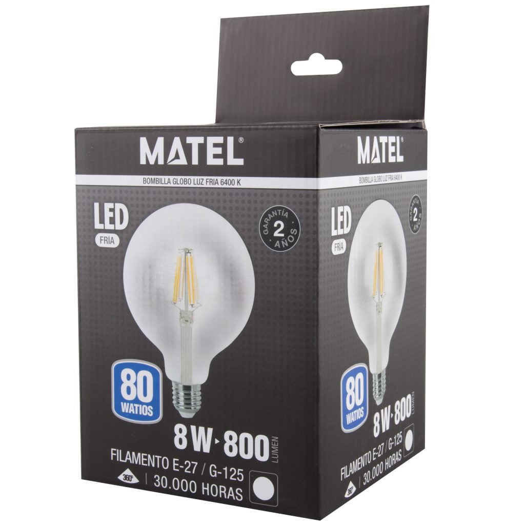 BOMBILLA LED MATEL FILAMENTO E27 G125 8W FRÍA CLARA - Imagen 2