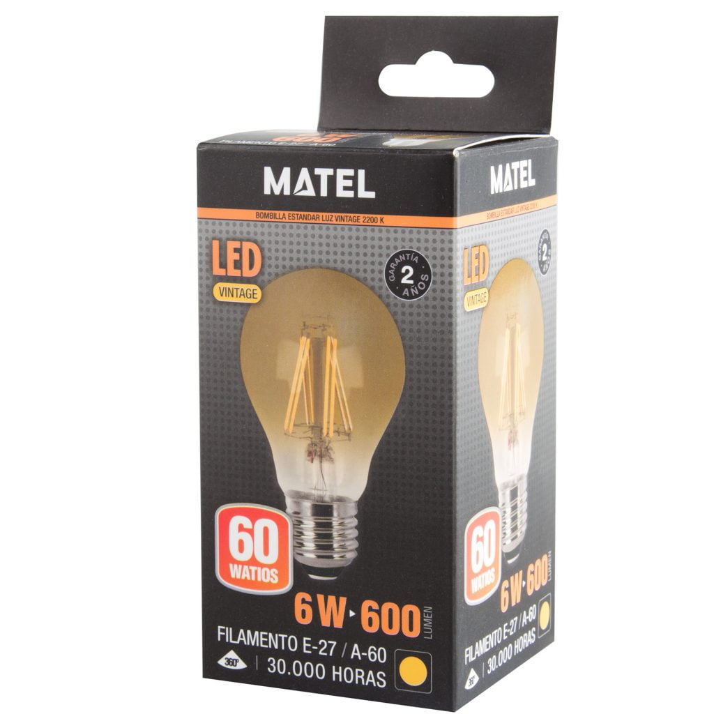 BOMBILLA LED MATEL FILAMENTO E27 ESTÁNDAR VINTAGE 6W en caja