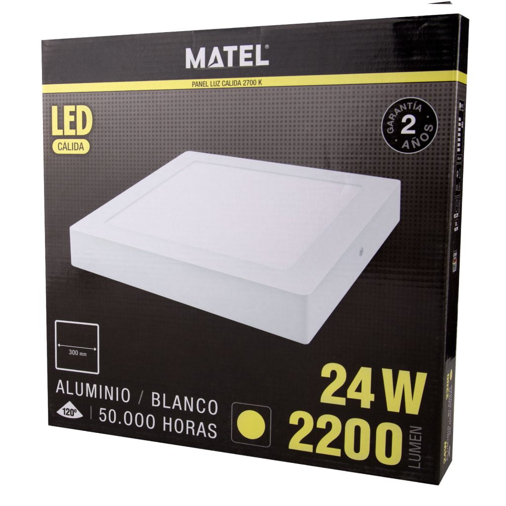DOWNLIGHT LED MATEL SUPERFICIE CUADRADO BLANCO 24W CÁLIDA en caja