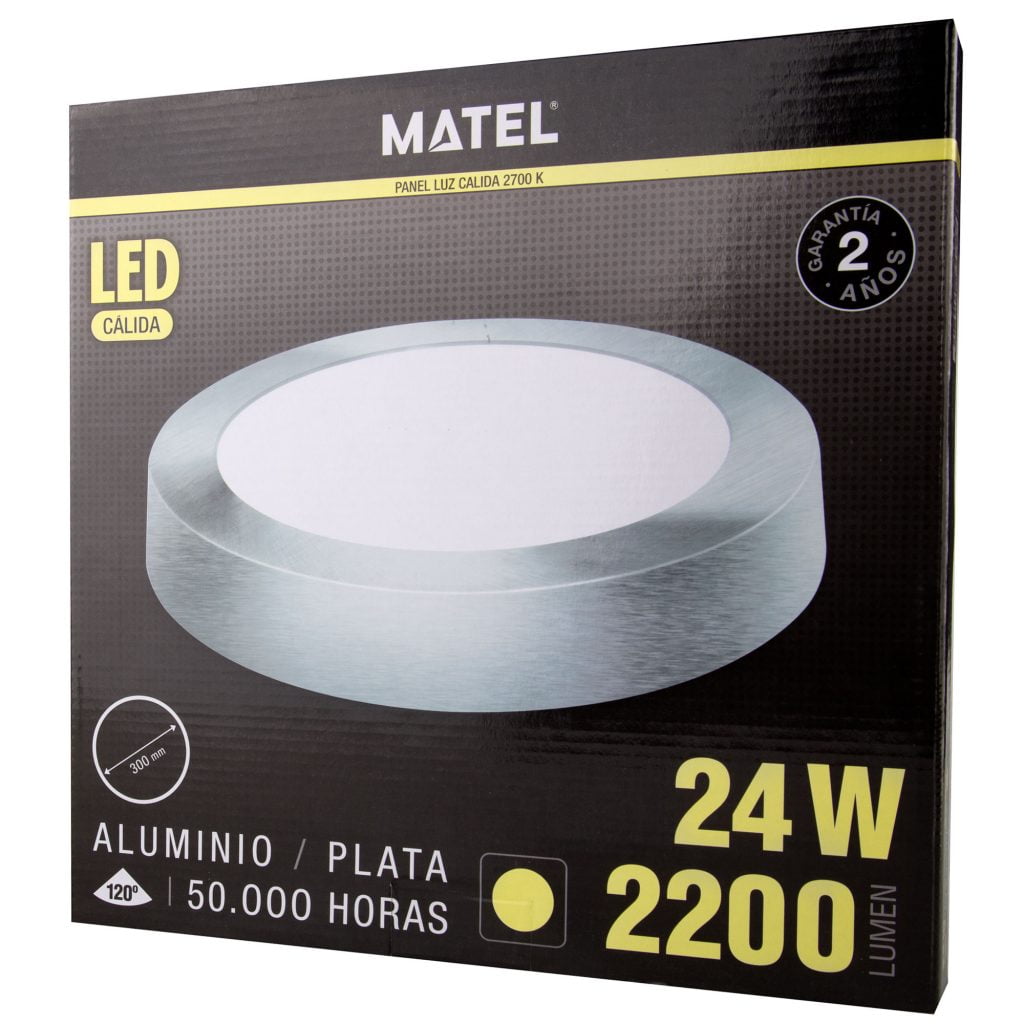 DOWNLIGHT LED MATEL SUPERFICIE REDONDO PLATA 24W CÁLIDA en caja