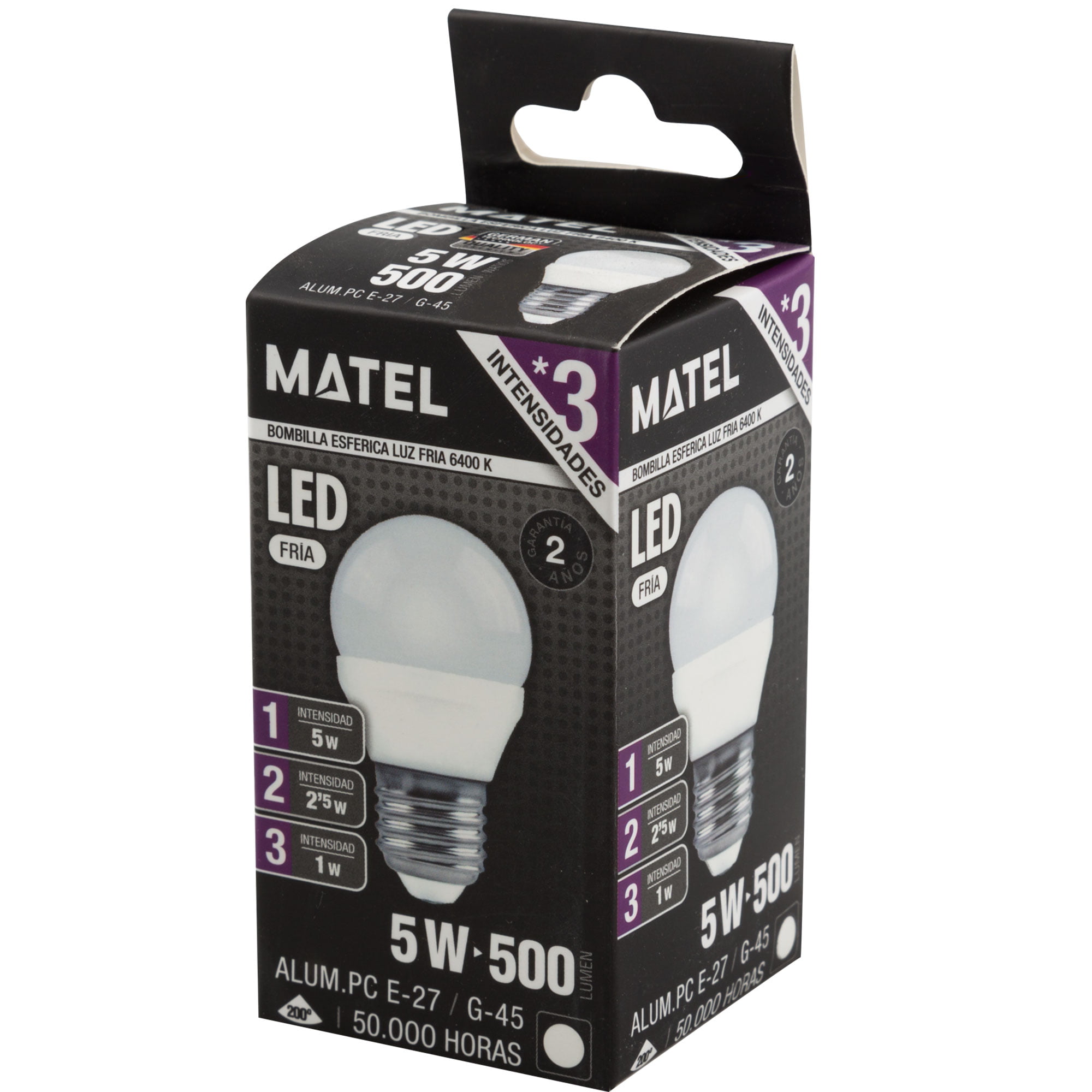 BOMBILLA LED MATEL ESFÉRICA E27 5W FRÍA (3 INTENSIDADES) en caja