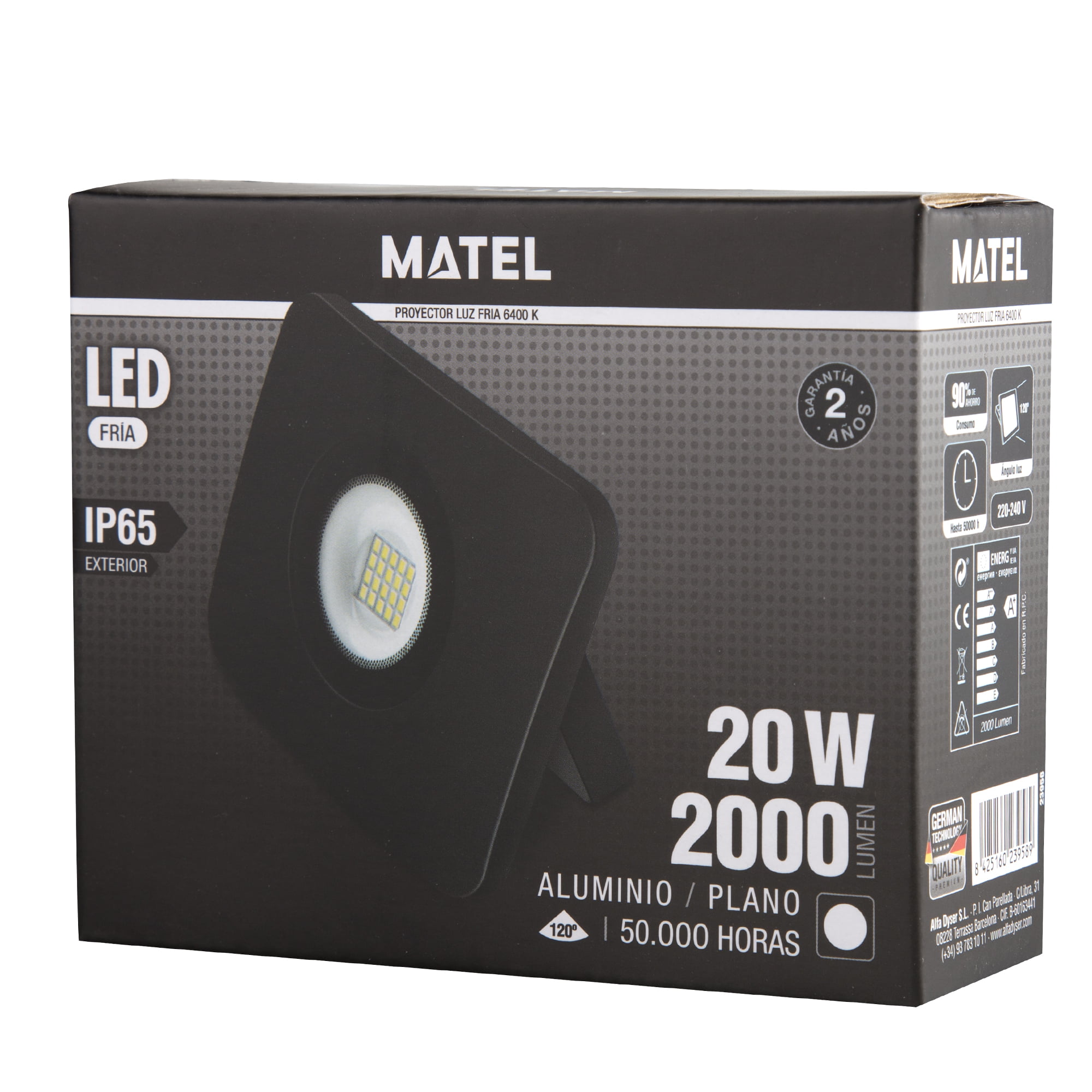 PROYECTOR LED MATEL PLANO NEGRO IP65 20W FRÍA - Imagen 2