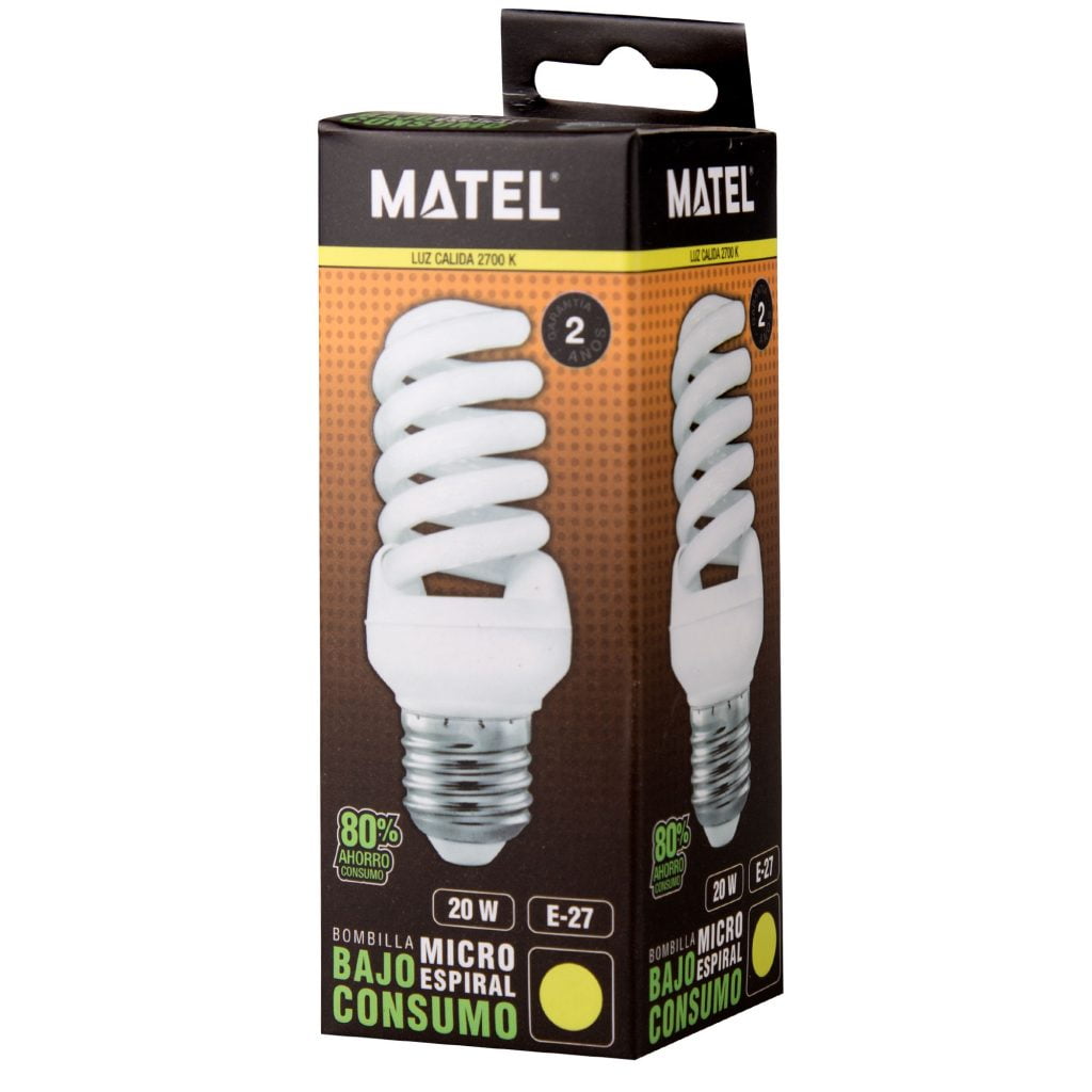 BOMBILLA BAJO CONSUMO MATEL ESPIRAL MICRO E27 20W CÁLIDA en caja