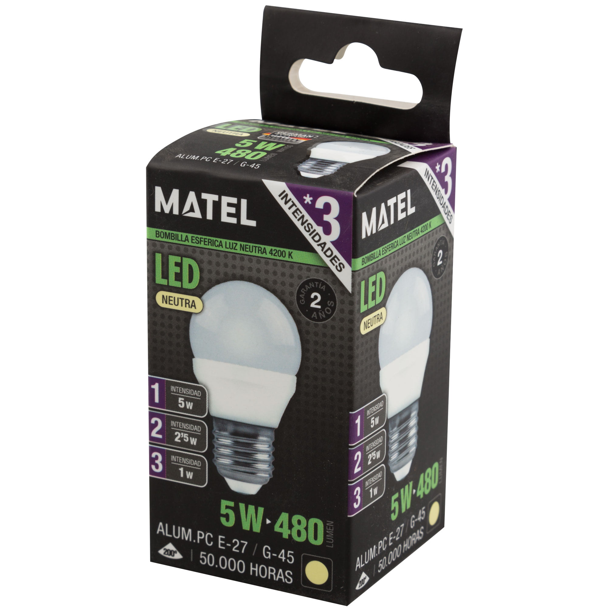 BOMBILLA LED MATEL ESFÉRICA E27 5W NEUTRA (3 INTENSIDADES) en caja