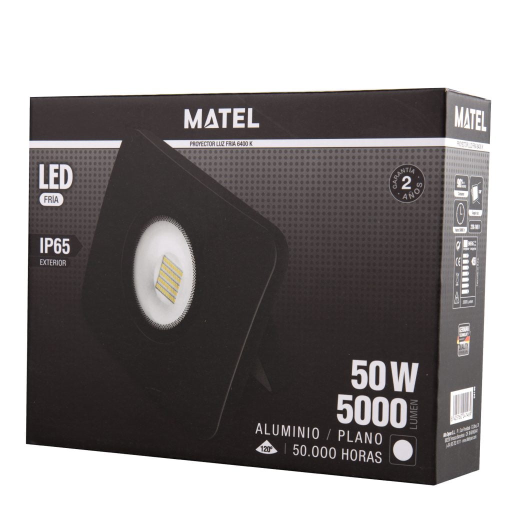 PROYECTOR LED MATEL PLANO NEGRO IP65 50W FRÍA - Imagen 2