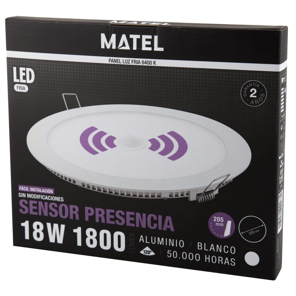 DOWNLIGHT LED MATEL REDONDO BLANCO SENSOR 18W FRÍA en caja